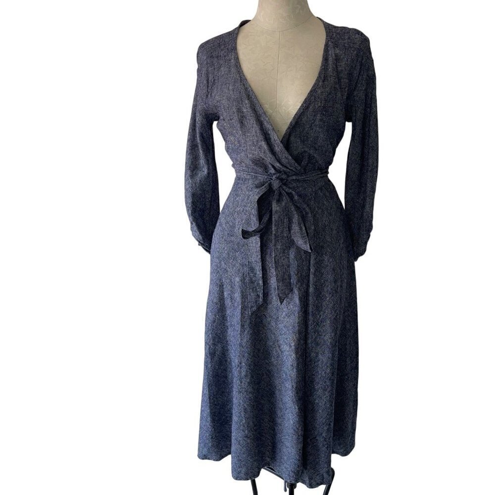 Amy Kuschel Womens Midi Wrap Dress Size Small Blue Chambray Cotton Long Sleeve